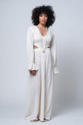 Elbe - Back Detailed Long Ruffle Sleeve V Neck Sile Fabric Natural Maxi Dress - Dut Project