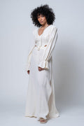 Elbe - Back Detailed Long Ruffle Sleeve V Neck Sile Fabric Natural Maxi Dress - Dut Project