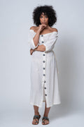 Benue - Off-Shoulder Button-Through Long Sleeve Natural Midi Dress - Dut Project