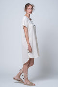 Nen - Round Neck, Low Sleeve, Button Asymmetric Cut 100% Cotton Mini Dress - Dut Project