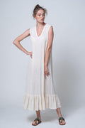 Oka - V Neck Sleeveless Ruffle Bottom %100 Cotton Sile Fabric Midi Dress - Dut Project