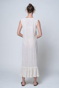 Oka - V Neck Sleeveless Ruffle Bottom %100 Cotton Sile Fabric Midi Dress - Dut Project