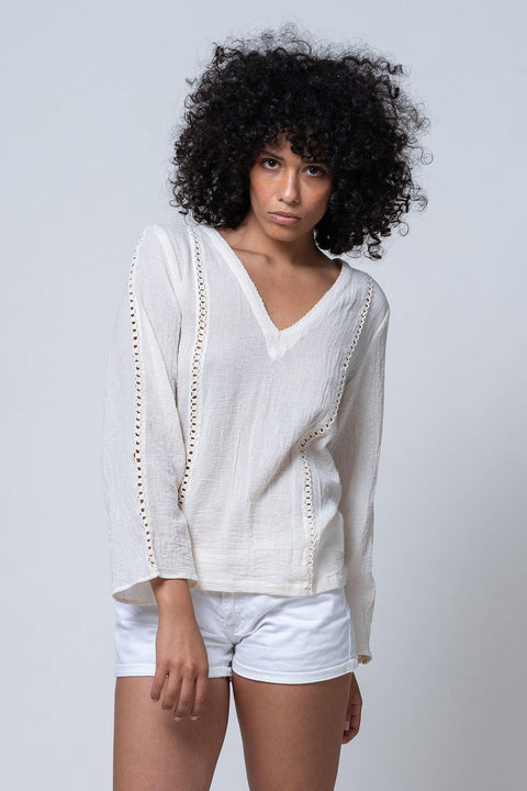 Jasmine - V Neck Crocheted Detailed Long Sleeve %100 Cotton Sile Fabric Shirt - Dut Project
