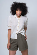 Louise - Peter Pan Collar Button Through Half Sleeve %100 Cotton Sile Fabric Shirt - Dut Project